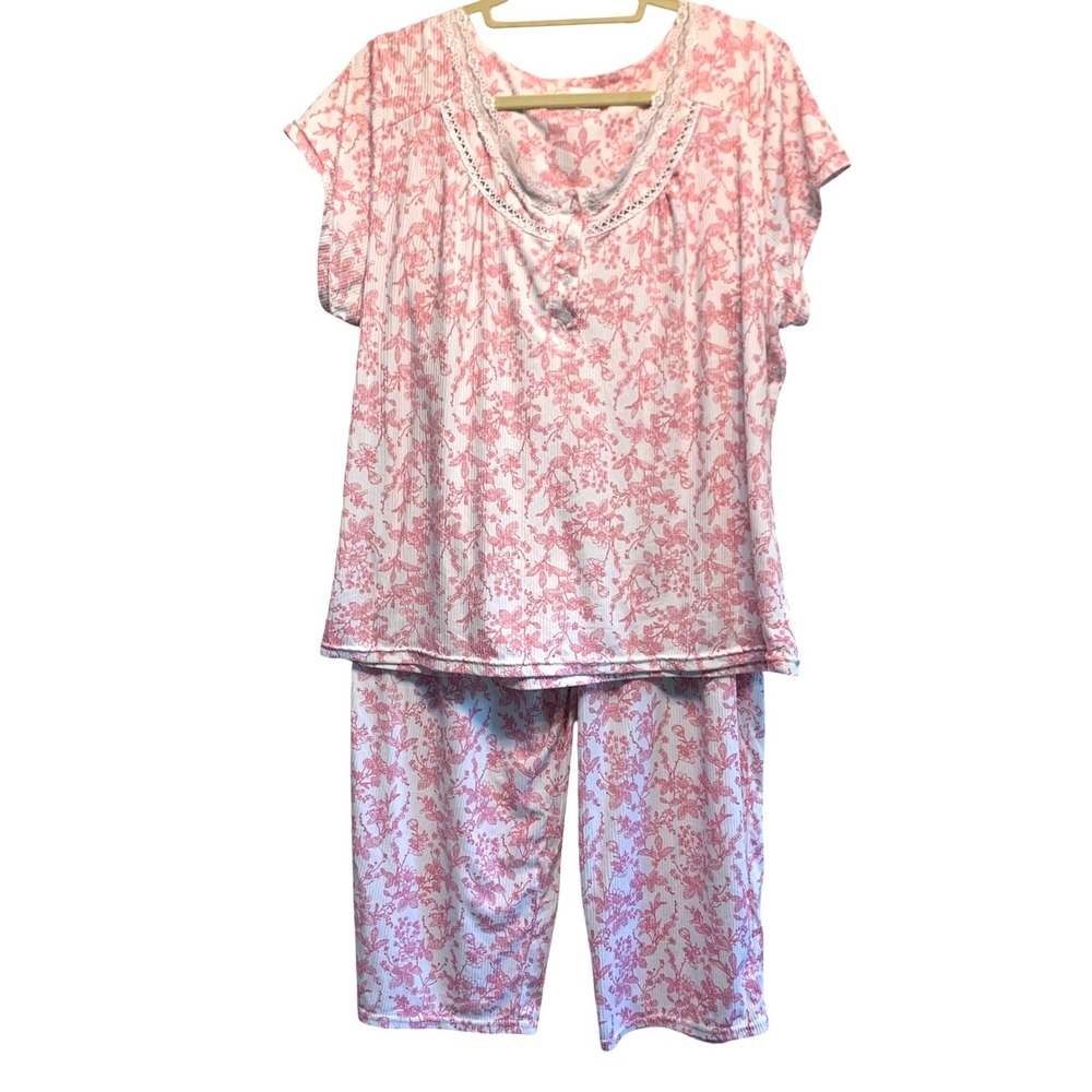 Body Touch Lingerie Pajama Set XL Pink Floral Lace Trim Ribbed Knit Loungewear